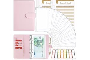 Raccoglitore Notebook A6, TAOPE Portadocumenti in Pelle PU con 12 Trasparente Sacchetti Cerniera Compilabile 26pcs per Budget di Contanti Organizzatore di Buste Risparmio di Denaro - Rosa Puro