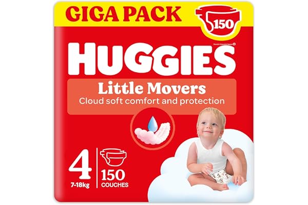 HUGGIES - Little Movers - Couches bébé taille 4 - (7-18 kg) - Absorbtion rapide, Pas de Fuite, jusqu'à 12h au Sec - Confort & Protection -Ceinture extensible ultra douce - Pack 1 mois 150 Couches