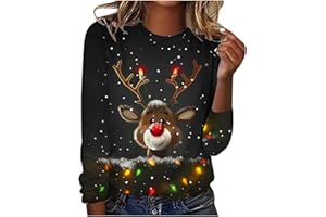 luoluoluo Light Up Christmas Jumper Women Xmas Sweatshirt Funny Graphic Reindeer Pullover Casual Long Sleeve Crewneck Shirts Christmas Tree Blouse Ladies 3D Printed Jumpers Plus Size Party Costumes