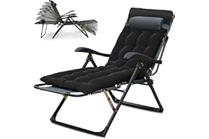 T-ZBDZ Sdraio da Giardino Pieghevole con Cuscino - Lettino Sedia a Sdraio Poltrona Relax Extra Large, 7 Schienali Regolabili, per Giardino Piscina Terrazza, Nero