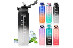 SEASEVEN Sports 1L Water Bottle with Straw,Plastic Drinks Bottle,1 Litre Water Bottles with Time Markings,Waterbottle Leak Proof-Bpa-Free for Gym,School, Office,Travel (Black-White)