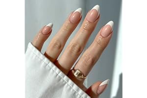 Glamnetic Press On Nails - Ma Damn | French Tip, UV Finish Short Pointed Almond Shape, Reusable Semi-Transparent Nails in 12 Sizes - 24 Nail Kit with Glue