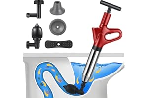 ALLILUYAA Desatascador de Tuberías con Aire Comprimido, Desatascador de Inodoro con Barómetro, Desatascador Tuberias a Presion con 4 Cabezas de Pistón e Inflador para Inodoro, Lavabo, Bañera (Rojo)
