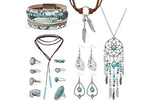 Byfoyif 14 Pcs Bijoux Bohème Turquoise, Bijoux Occidentaux pour Femmes Vert, Collier Pendentif Turquoise + Boucles d'Oreilles Chic + Bagues Vintage + Bracelet Bohème, pour Voyage Photographie Cowgirl