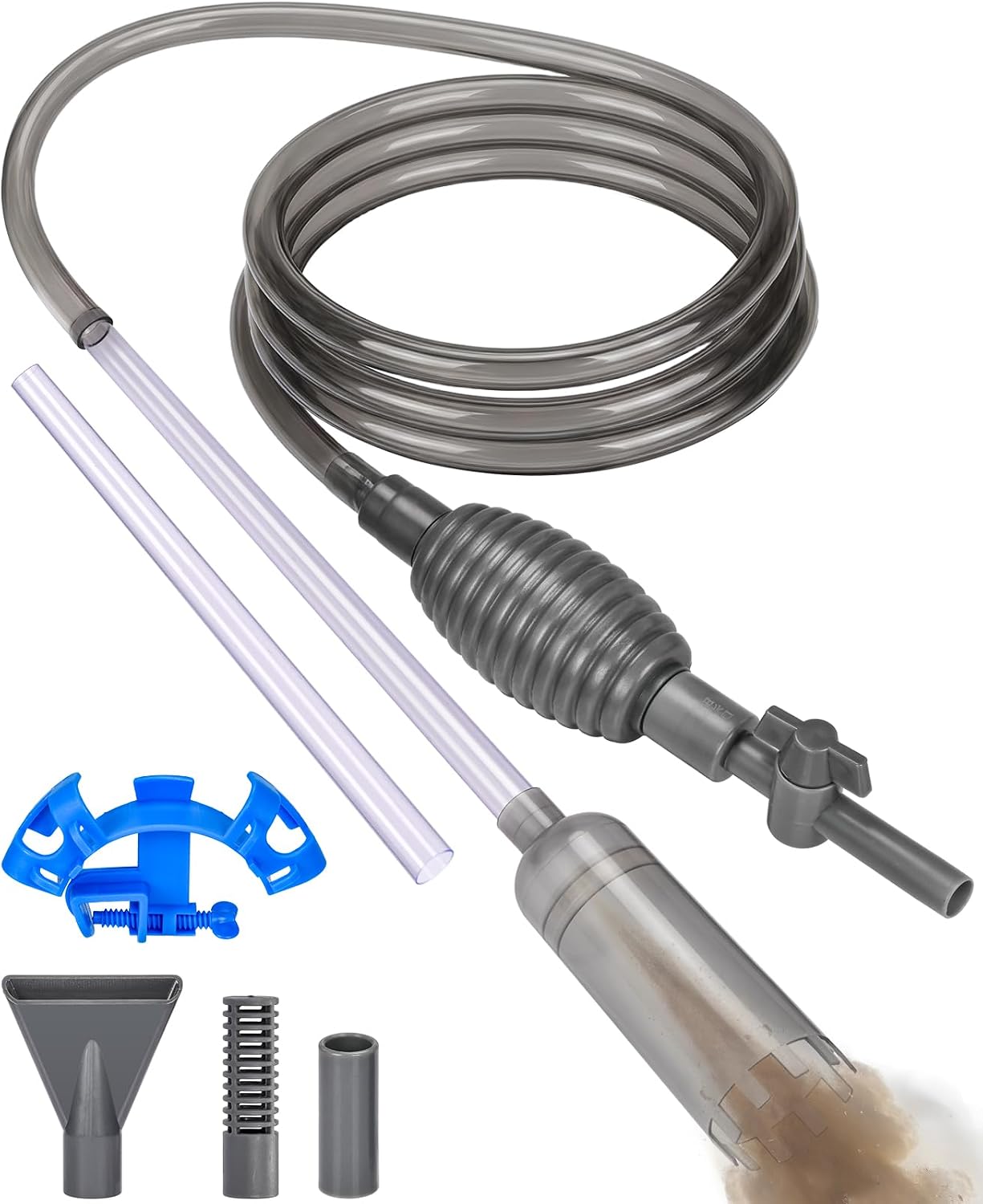 XULIERUX Sifón Acuario 3 m Manguera Limpiador de Grava con Tubo Rígido 70 cm, Válvula On/Off, Filtro Integrado, Boquilla Pico de Pato, Protector de Arena y Soporte para Limpieza de Acuario