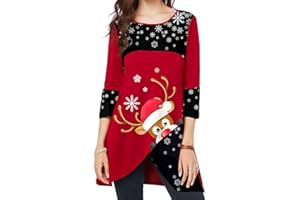 ES-UK Ladies Christmas Tunic Tops - 3/4 Sleeve Reindeer & Snowflake Print Sweatshirt Dress - Xmas Jumpers & Party Dresses for Women UK - Festive Christmas Tops for Women