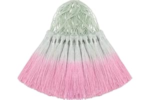 AOKBEAN 50PCS Mini Silk Tassel for Craft DIY Bookmark Cute Jewellery Making Resin Beaded, Girl Earring, Keyring, Graduation, Small Key, Long Ribbon Fabric Sewing, Curtain Trim Door Home Decor (Green Pink)