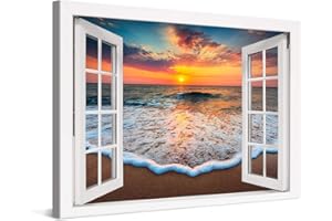 PICANOVA – Cuadro Sobre Lienzo Sea Sunset Window 120x80cm – Impresión En Lienzo Montado Sobre Marco De Madera (2cm) – Disponible En Varios Tamaños – Colección Playas