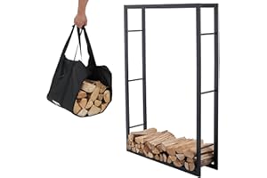 Lendo Online Kaminholzregal + Tragetasche - Innen & Außen - Feuerholzregal - Kaminholzständer - Brennholzregal - Schwarz - Metall (100x25x148cm)
