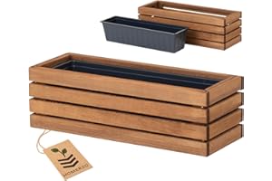 HOMERZO Jardinière rectangulaire en bois - Marron imprégné - Avec insert en plastique amovible - Bac à plantes pour balcon, jardin et terrasse (horizontal marron, 65 x 23 cm, hauteur 20 cm)