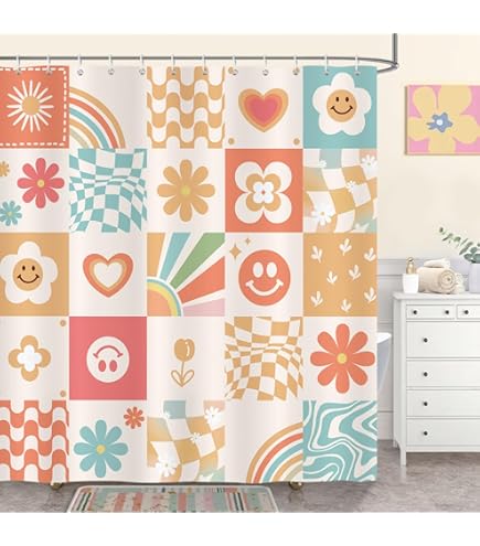 Fiodrimy Duschvorhang 70er Jahre Abstrakt Gewellt - Rosa, Wasserabweisend 183x183 Cm, Mit 12 Haken