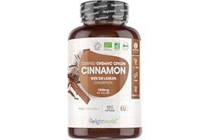 WEIGHTWORLD Organic Cinnamon Capsules 1000mg - 180 Vegan Capsules - 3 Months Supply - Ceylon Cinnamon Powder - Soil Association Certified Supplement - GMO & Gluten Free
