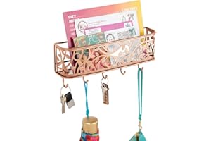 mDesign Guardallaves con cesta metálica para pasillo y cocina – Compacto llavero de pared con bandeja para cartas y 5 ganchos para colgar – Colgador de llaves de metal para pared – color cobre