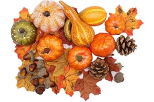 Tourima Herbst Deko Set, 50-teilig, Kürbisse 4,5-11 cm, Tannenzapfen 7,4 cm, Eichenblätter 6,6 cm, Eicheln 3 cm, Orange-Braun