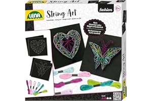 Lena 42650 Herz Craft String Art butterfly and heart, complete patterns, with 2 base plates, approx. 21.5 x21.5x1 cm, pins and 6 coloured threads, set for Children from 8 years, black, Mittel