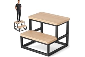 Pikasser Marche Pied Bois, Escabeau 2 Marches Pliable, en Acier Robuste et Stable en Bois, Capacité de Charge Jusqu'à 227 kg (500 lb), marchepied pour lit, Cuisine, Salle de Bain, Couleur Bois Naturel