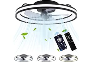 Fiqops - Ventilador de techo con iluminación y mando a distancia, 55 cm, luz de techo LED, 3 temperaturas de color y 6 velocidades, temporizador de verano/invierno, para salón, dormitorio, color negro
