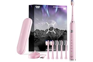 JTF Brosse À Dent Électrique Rechargeable Sonique Femme avec Étui de Voyage et 6 Têtes de Brosse de Rechange, Chargeur sans Fil pour une Utilisation de 60 Jours, 5 Modes, P200 Rose