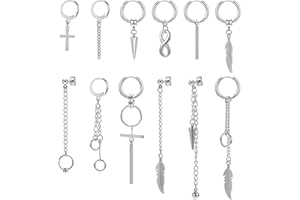 PUNKTRACKER 12 Pcs Dangle Cross Earrings for Men Surgical Steel Earrings Sets Dangling Chain Hypoallergenic Earrings Hoops