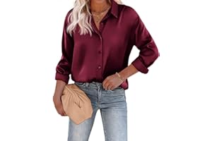 Beyove Damen Bluse Satin Seide V-Ausschnitt Hemden Elegant Langarm Business Oberteile mit Knöpfen Tops Lose Langarmshirt