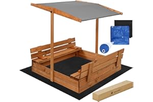 Sabbiera in legno bambini esterno con panche richiudibili 120x120 cm + telo copertura resistente + giochi giardino educativi motricità per bimbi piccoli SPRINGOS