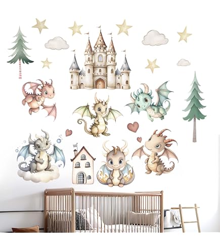 Mfault Baby Dragon Wall Decals - Watercolor Dragon Eggs, Rainbow, Clouds, Stars Nursery Decor, Removable Vinyl Stickers