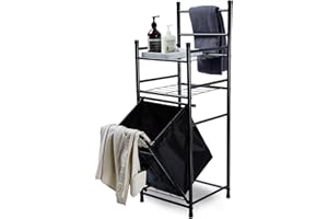 ‎WEEU WEEU Badregal aus Metall mit Handtuchhalter und Wäschekorb Standregal Offenes mit 2 Ablage String Draht Badaccessoires Lagerregal Abnehmbaren mitWäschetruhe ca.36L für Toilette Badezimmer Eck Schwarz