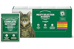 by Amazon Complete Wet Food for Adult Cats, Meat Selection In Gravy, 4.8 kg (48 pouches of 100g)