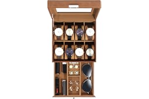 Uten Scatola Porta Orologi a 8 Scomparti, 2 Livelli PU Porta Orologi, Serratura a Chiav, Coperchio in Vetro, Fodera in Velluto Marrone, Idea Regalo, Catola Portagioielli per Orologi Uomo e Donna