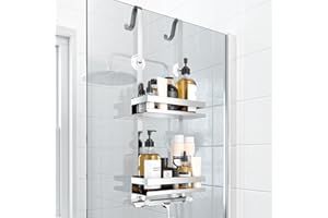 Laimew Duschablage ohne Bohren Badezimmer Organizer, Badregal Duschregal ohne Bohren, Duschablage zum Hängen für Glasduschtüren, Duschregal zum Hängen Shampoo Halterung für Dusche Silber