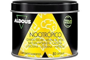ALDOUS BIO Nootropico - 80 Capsule - Con L-Tirosina, Bacopa Monnieri e Ginkgo Biloba Lions Mane, Caffeina, Tirosina, Teanina, Huperzia- Concentrazione, Memoria, Energia - per Cervello - Migliora Focus - ALDOUS