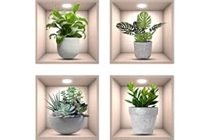 ‎SWIRLCOLOR Wandtattoo Pflanzen, 4pcs Realistic Green Topted Pflanze Wasserdichte Wandkunst Aufkleber 3D Vinyl Abnehmbare Wandaufkleber für Wohnzimmer Schlafzimmer Badezimmer Küche Büro Dekor
