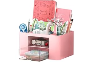 LONNEY Schreibtisch Organizer 5 Fächer Stiftehalter Schreibtisch Tisch Organizer mit Schublade, Multifunktionaler Schreibtisch Organizer für Stifte Büro Zuhause Schule Platzsparendes Desk Organizer (Rosa)