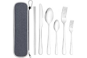 Bärbart resebestick i silver för 1 person | Rostfritt stål + fodral 6-delat set, perfekt för camping och arbete. Diskmaskinssäker