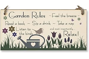 THE PLUM PENGUIN Handmade Wooden Hanging Wall Plaque Garden Rules Relax Feel the Breeze Take a Nap Pretty Sign for Gardeners