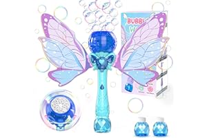 Bombble Farfalla Bacchetta per Bolle, Macchina Automatica Bolle Sapone per Bambini 10000+ Bolla con Luci/2 Soluzione, Portatile 10 Fori Bacchetta Soffiatore Bolla per Festa All'aperto Matrimonio-Blu
