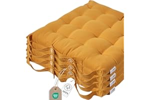‎HOMESCAPES Homescapes 4er Set Stuhlkissen 40x40 cm senfgelb – Sitzkissen Outdoor/Indoor mit Baumwollbezug, Sitzpolster waschbar und Oeko-TEX-Zertifiziert für Esszimmer-, Küchen- & Gartenstühle