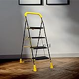 TRENDY Cameo 4 Step Heavy Duty Foldable Metal Step Ladder with Anti-Skid Shoes and Extra Strong Wide Steps (Yellow and Black)