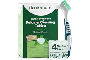 Dentomore Retainer Cleaner Tablets -4 Months supply-120 tabs- Cleaning Tablets Eliminate Odour, Stains - Mouth Guard Cleaning Tablets - Potent Denture Cleaning Tablets - Bonus Special Toothbrush