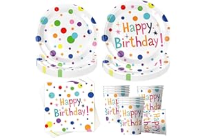 SUNSHINE SMILE 50 Stück Bunte Partygeschirr Set,Partygeschirr Geburtstag,Kindergeburtstag Geschirr Set,Kindergeburtstag Deko,Geburtstag Deko,Mit Teller Becher Servietten,Party Geschirr für 10 Gäste