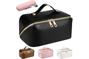 EECH Kosmetiktasche Reise Damen,Make Up Tasche mit Groß Kapazität,PU Leder Portable Schminktasche Kulturtasche Organizer,Beauty Case für Reisezubehör Travel Essentials Women(Glatt-Schwarz)