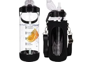 Seekua Szklana butelka na napoje, ze słomką i znacznikami czasu, szczelna, duża butelka na wodę, nadaje się do smoothie, nadaje się do mycia w zmywarce, 1,5 l