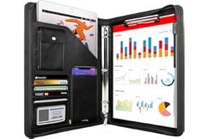 WRIYES Zipped Portfolio Folder A4, Leather Padfolio with 3 Ring Binder, Professional Conference Folder, Personal Work Organiser, Travel Document Holder (Black)