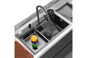 SYNSHOP Fregadero De Cocina Negro Grifo En Cascada Fregadero De Acero Inoxidable con Lavavasos Fregadero Grande De Un Seno Todos Los Accesorios Incluidos 80x45x22cm