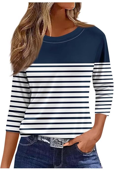 Women's Casual 3/4 Sleeve Blouse - Loose Fit Round Neck Top, Soft Stretch Fabric - View #5