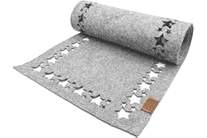 Miqio Design Filz Tischläufer Sterne | Tischläufer Winter | 100x30cm abwaschbar | Filzläufer 0ekotex Filzstoff mit Echtleder Label | Tischdecke Weihnachten- Hellgrau