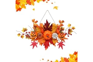 WEDHAPY Künstlicher Blumenkranz, Herbstkranz, Haustür, Herbstkranz, Kürbis-Ahornblatt-Halloween-Kranz für Haustür, Herbst-Türkranz mit Hängeseil für Thanksgiving, Halloween-Dekorationen