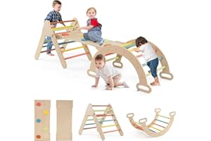 GOPLUS 7 en 1 Triángulo de Escalada para Niños de 1+ Año, Montessori Escalador con Tobogán Rampa Arco, Juguetes de Escalada de Madera, Slide Aprendizaje para Guardería Casa, Carga 50 kg (Macaron)