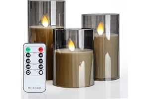 BIQIQI Candela Senza Fiamma a LED, Confezione da 3 Grigie Candele a Batteria, Candela Elettronica con Oscillazione Della Fiamma Realistica, Luce di Candela con Telecomando e Timer