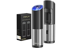 FORLIM Gravity Elektrisches Salz- und Pfeffermühlen Set,Automatische Pfeffermühle mit Einstellbare Grobheit,Einhandbedienung mit LED,aus Edelstahl,für Küche,Restaurant und BBQ,2er Pack(Schwarz)